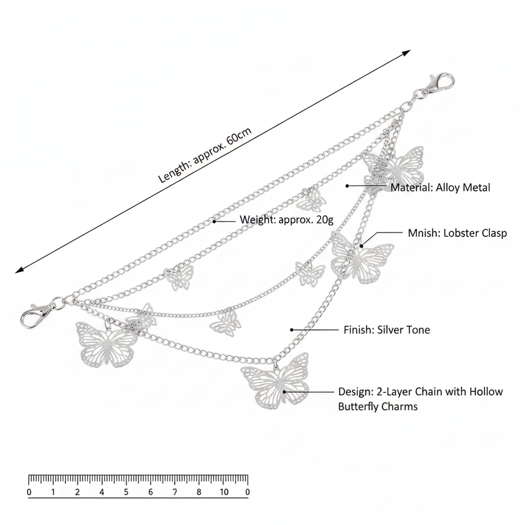 Double-Layer Silver Butterfly Charm Trouser Chain Waist Chain with Lobster Clasp