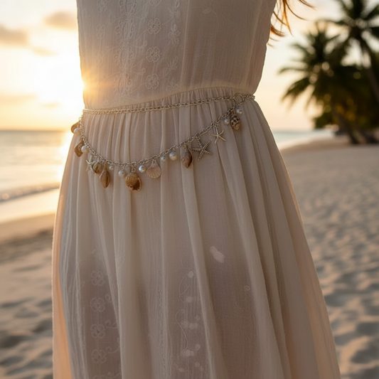 Handmade Silver Bohemian Beach Shell Waist Chain Belt with Pearl Starfish Conch Tassel Charms | Boho Holiday Dress Accessory