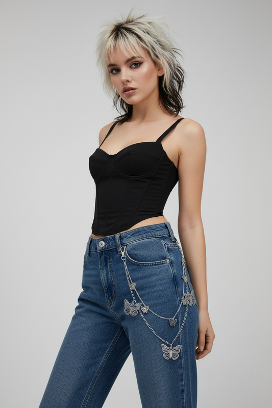 Double-Layer Silver Butterfly Charm Trouser Chain Waist Chain with Lobster Clasp