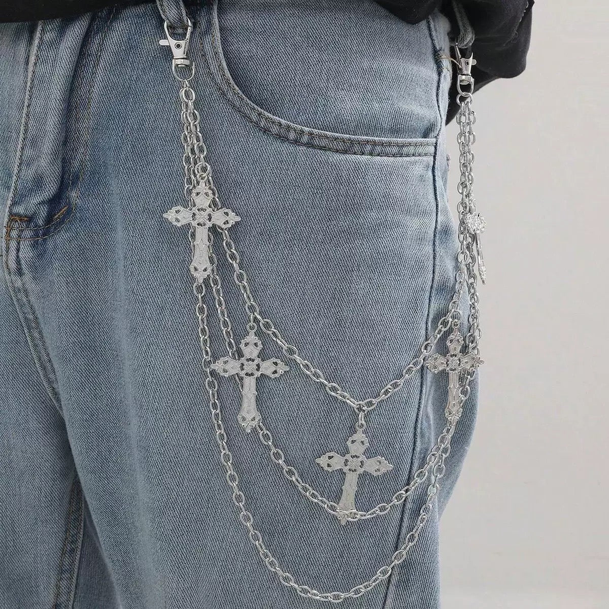 Multi-Layer Silver Cross Charm Trouser Chain Waist Chain with Lobster Clasp