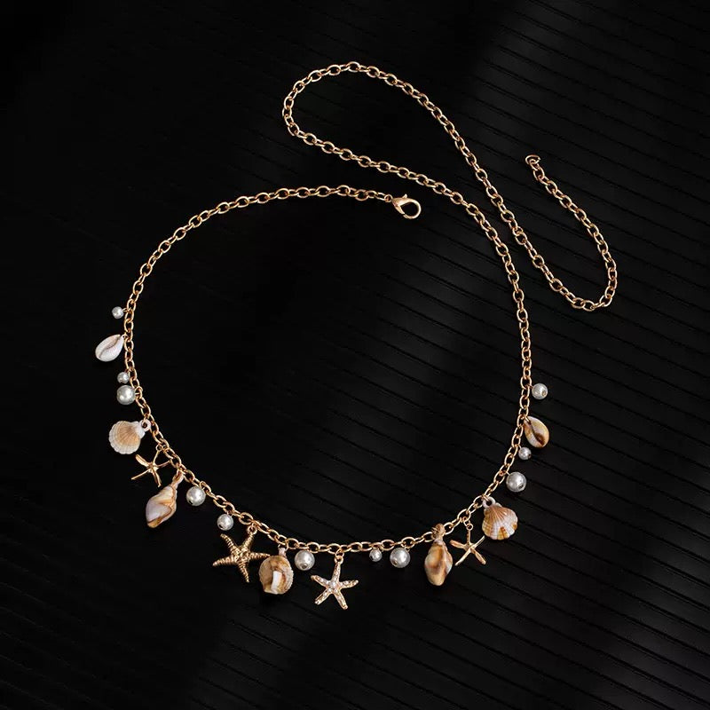 Handmade Gold Bohemian Beach Shell Waist Chain Belt with Pearl Starfish Conch Tassel Charms | Boho Holiday Dress Accessory