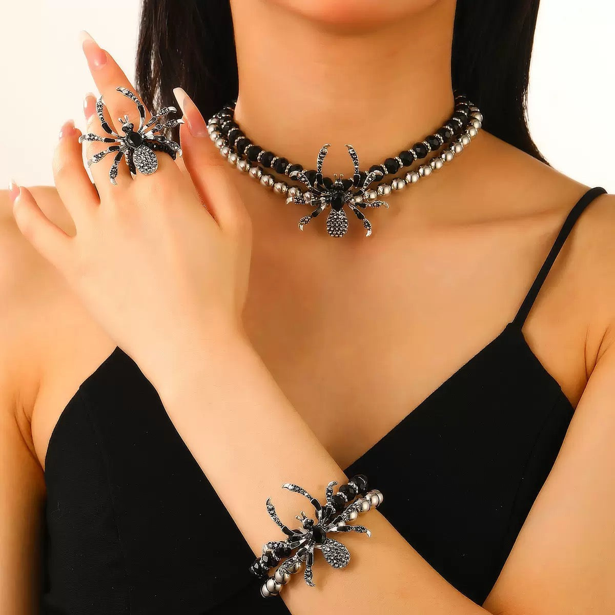 Gothic Dark Punk Exaggerated Halloween Rhinestone Spider Necklace Bracelet Set