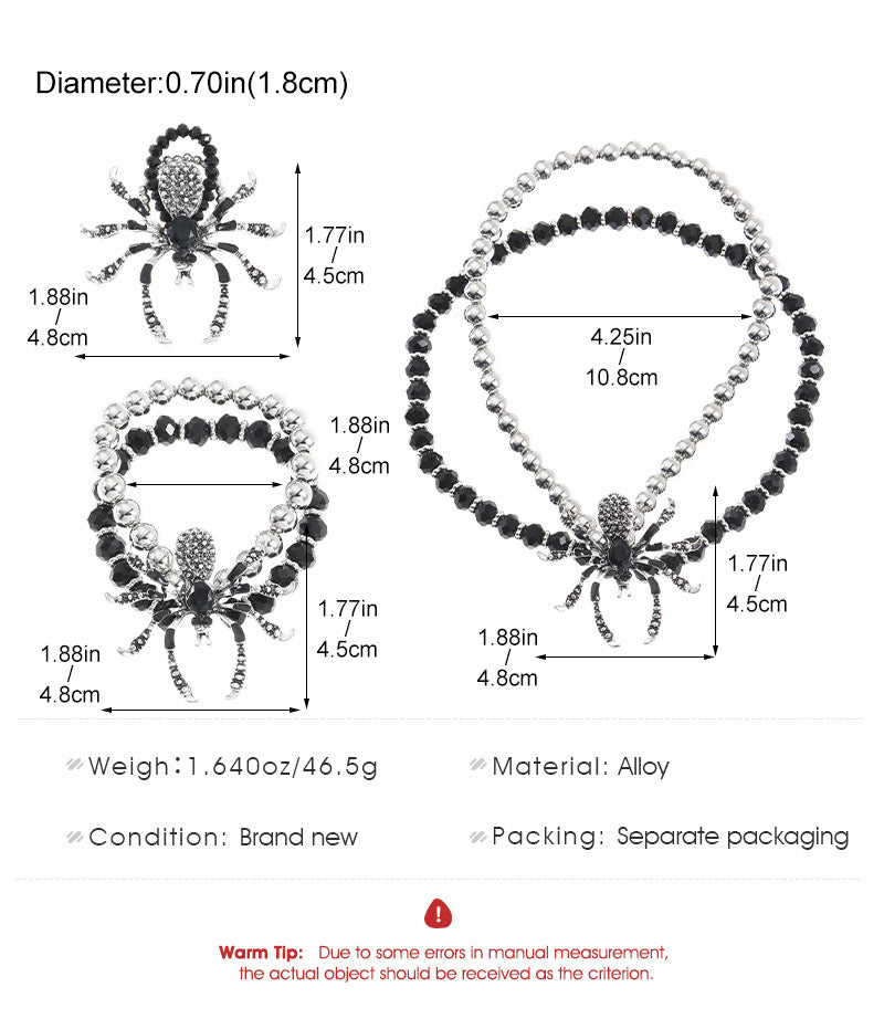 Gothic Dark Punk Exaggerated Halloween Rhinestone Spider Necklace Bracelet Set