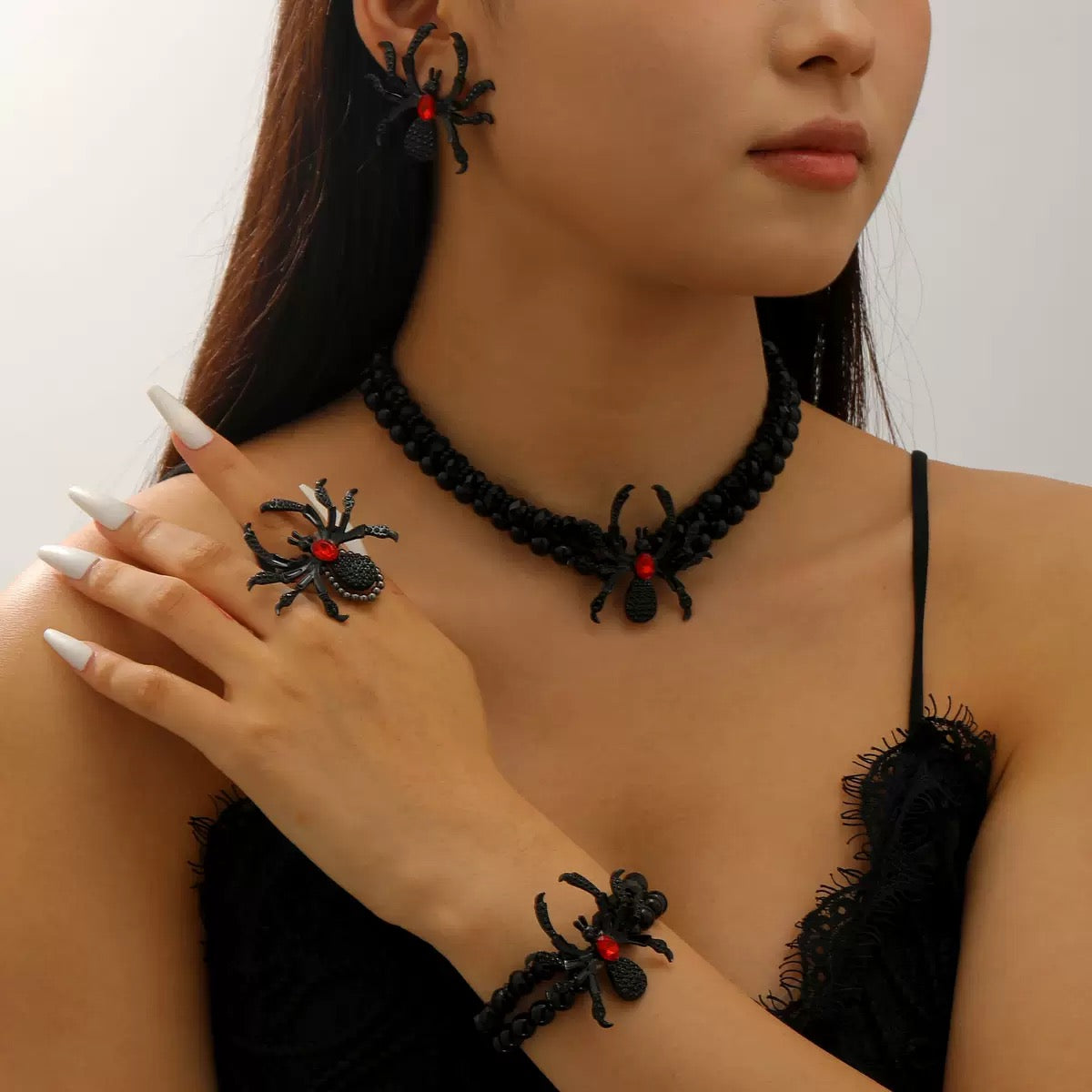 Gothic Dark Punk Spider Jewelry Set - Necklace Bracelet Ring Earrings for Women Men