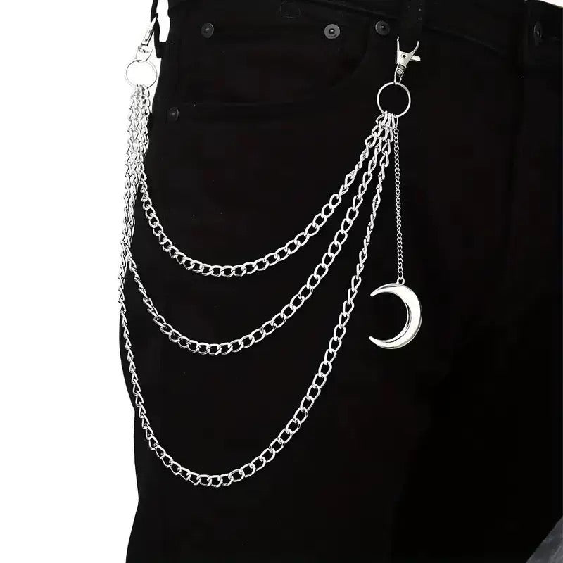 Multi-Layer Silver Crescent Moon Trouser Chain Waist Chain with Lobster Clasp