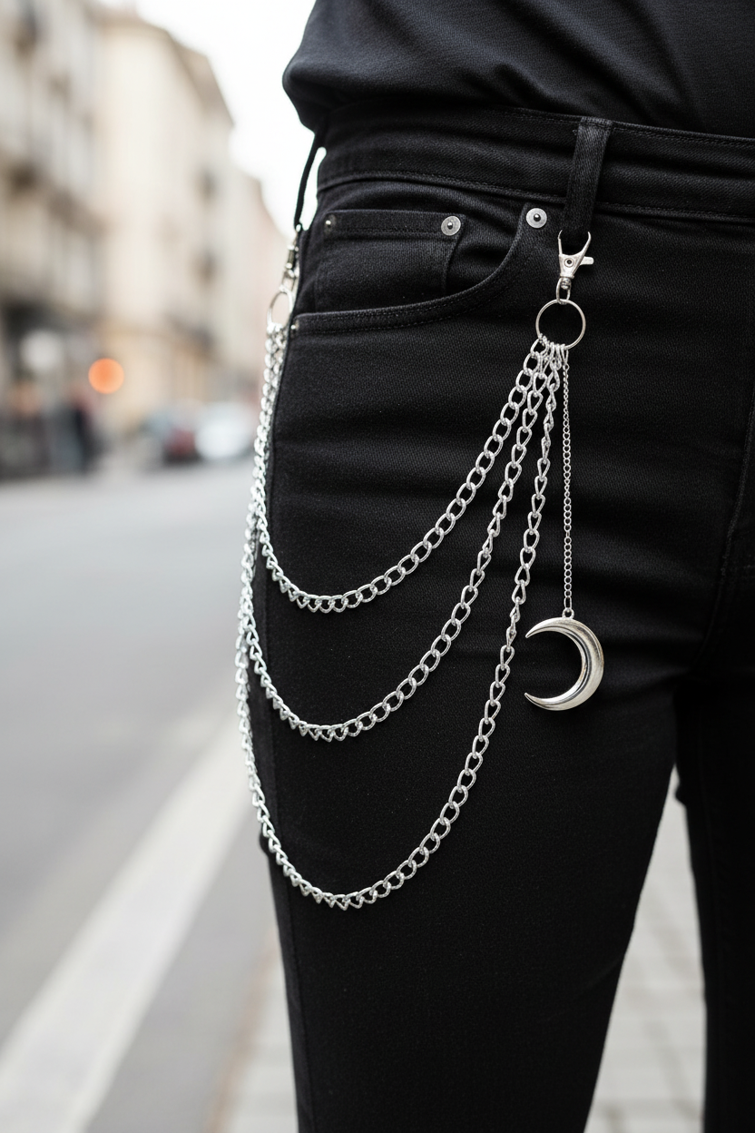 Multi-Layer Silver Crescent Moon Trouser Chain Waist Chain with Lobster Clasp
