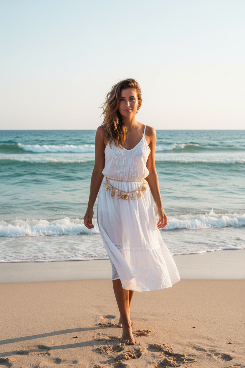 Handmade Gold Bohemian Beach Shell Waist Chain Belt with Pearl Starfish Conch Tassel Charms | Boho Holiday Dress Accessory