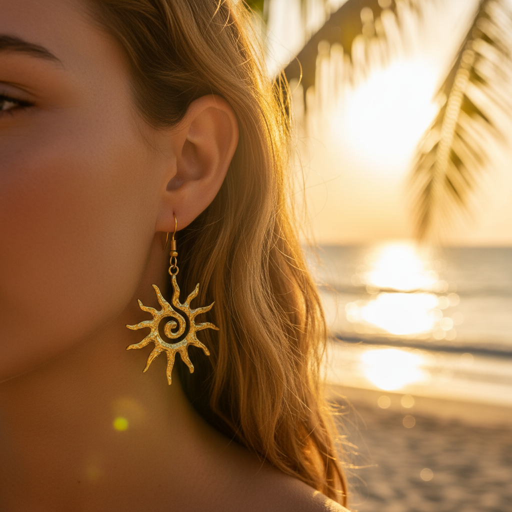 Handmade Gold Spiral Sun Dangle Earrings