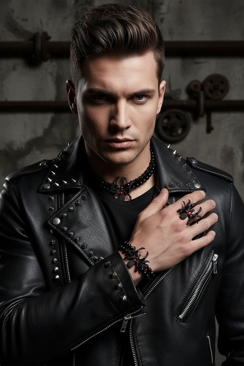 Gothic Dark Punk Spider Jewelry Set - Necklace Bracelet Ring Earrings for Women Men