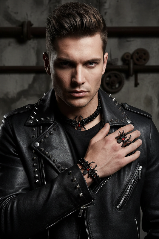 Gothic Dark Punk Spider Jewelry Set - Necklace Bracelet Ring Earrings for Women Men