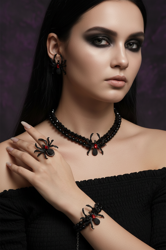 Gothic Dark Punk Spider Jewelry Set - Necklace Bracelet Ring Earrings for Women Men