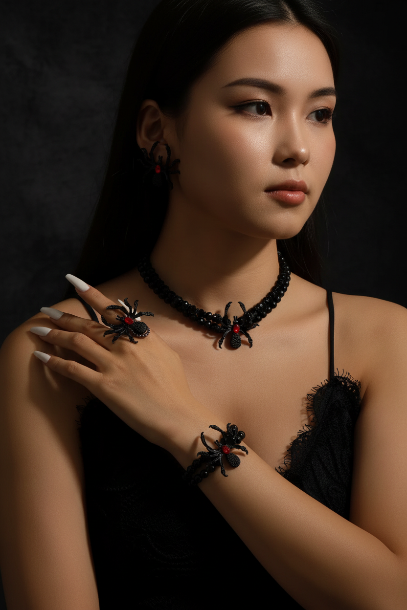 Gothic Dark Punk Spider Jewelry Set - Necklace Bracelet Ring Earrings for Women Men