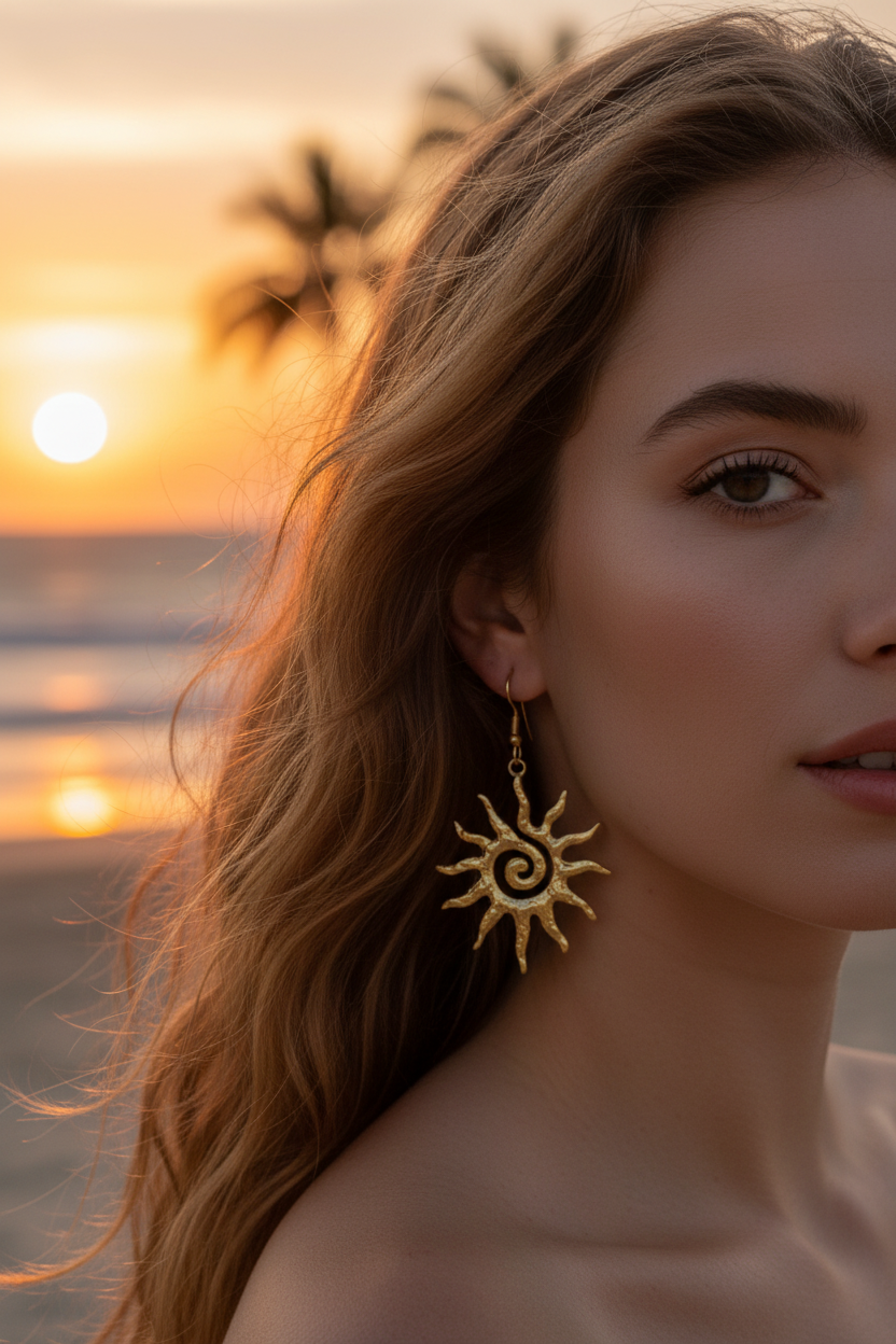 Handmade Gold Spiral Sun Dangle Earrings