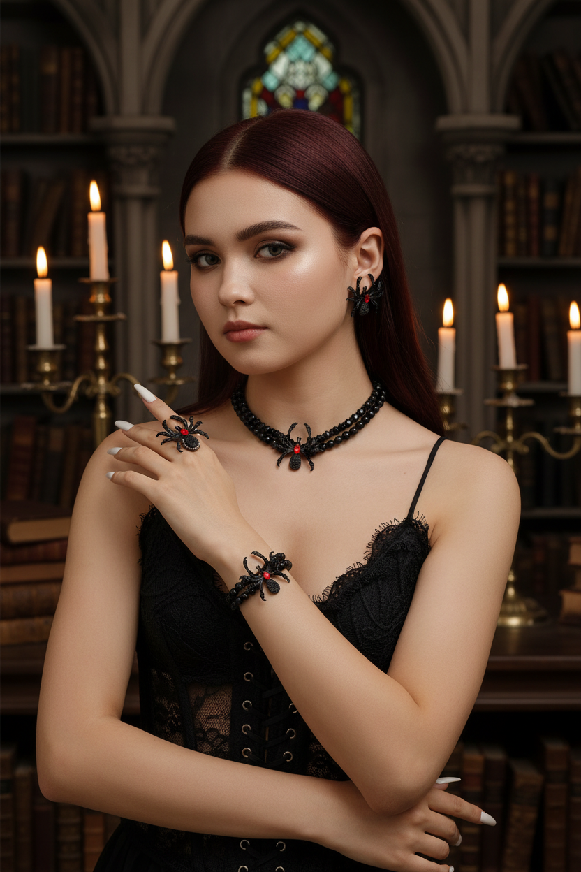 Gothic Dark Punk Spider Jewelry Set - Necklace Bracelet Ring Earrings for Women Men