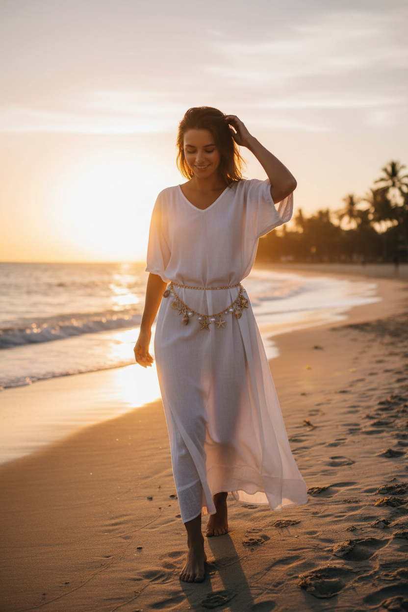 Handmade Gold Bohemian Beach Shell Waist Chain Belt with Pearl Starfish Conch Tassel Charms | Boho Holiday Dress Accessory