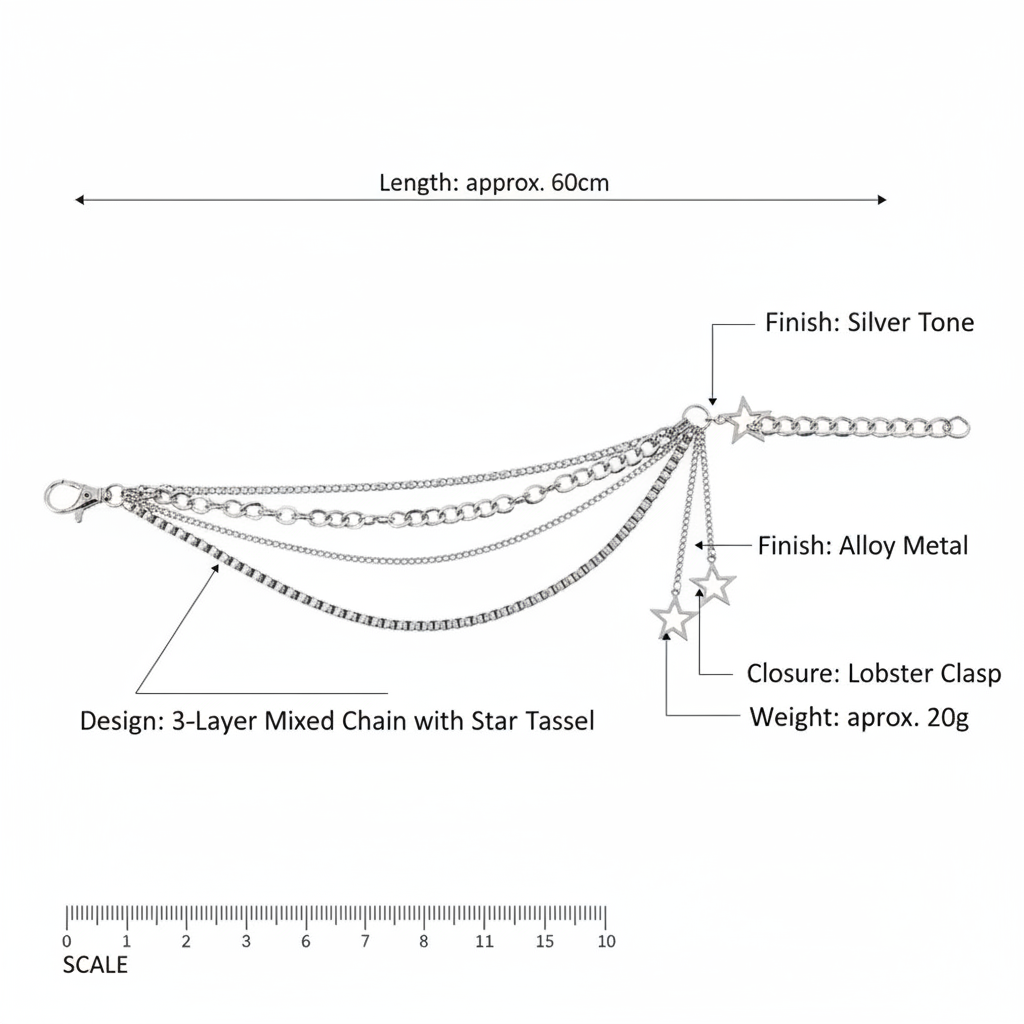 Multi-Layer Silver Star Tassel Trouser Chain Waist Chain with Lobster Clasp