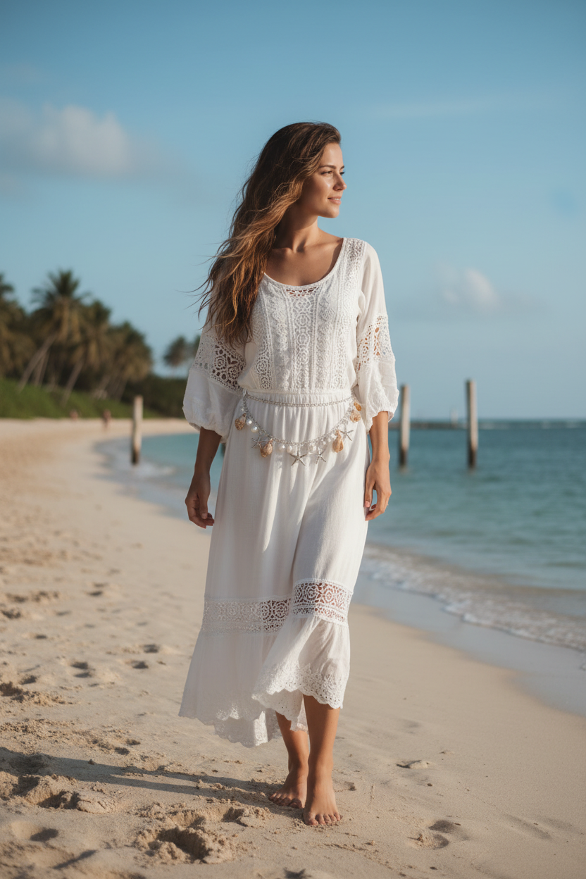 Handmade Silver Bohemian Beach Shell Waist Chain Belt with Pearl Starfish Conch Tassel Charms | Boho Holiday Dress Accessory