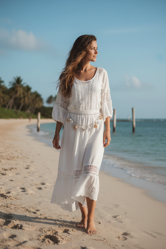 Handmade Silver Bohemian Beach Shell Waist Chain Belt with Pearl Starfish Conch Tassel Charms | Boho Holiday Dress Accessory