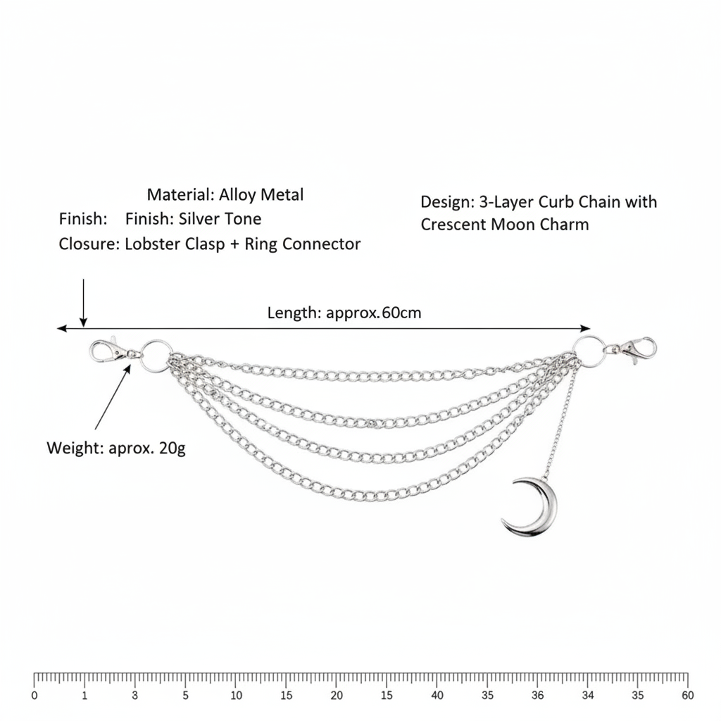 Multi-Layer Silver Crescent Moon Trouser Chain Waist Chain with Lobster Clasp