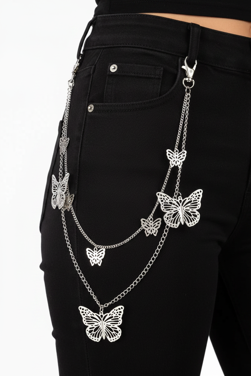Double-Layer Silver Butterfly Charm Trouser Chain Waist Chain with Lobster Clasp