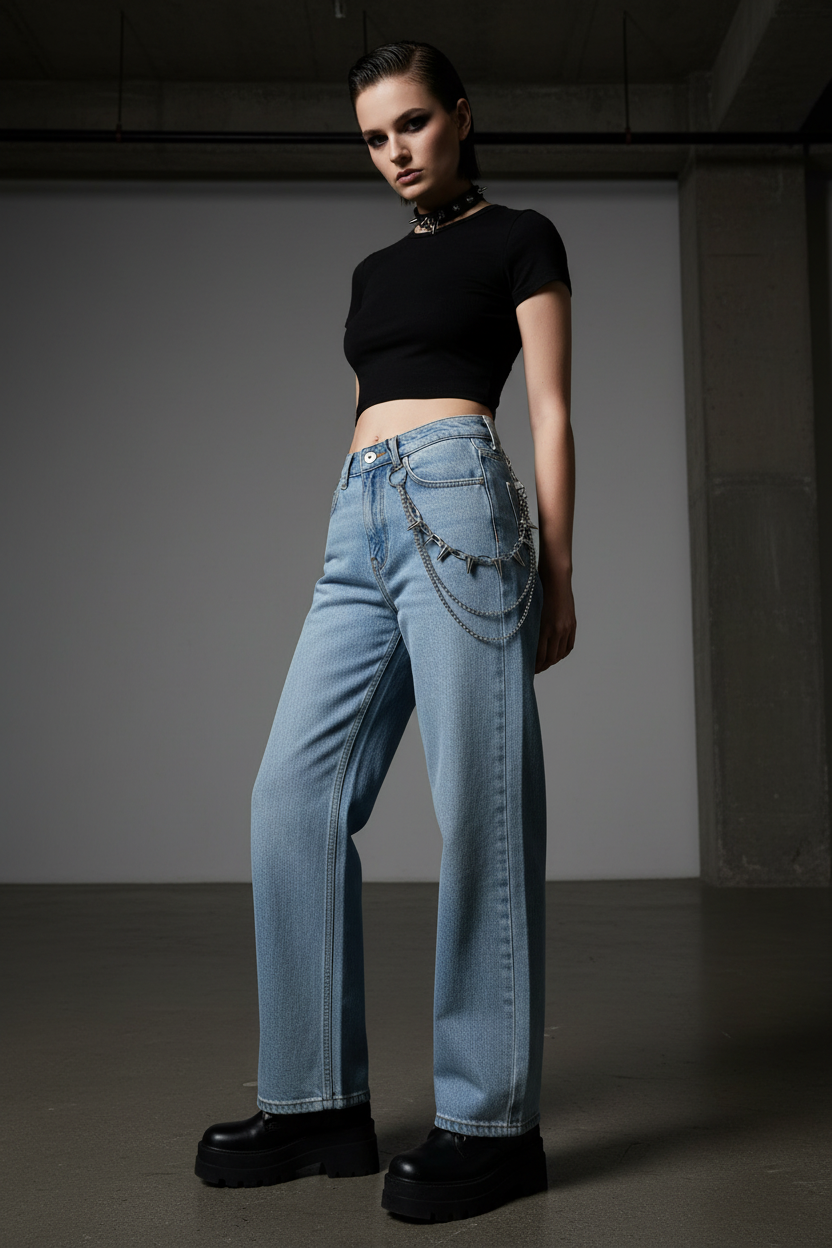 Multi-Layer Silver Spike Rivet Trouser Chain Waist Chain with Lobster Clasp