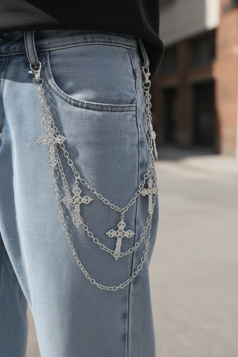 Multi-Layer Silver Cross Charm Trouser Chain Waist Chain with Lobster Clasp
