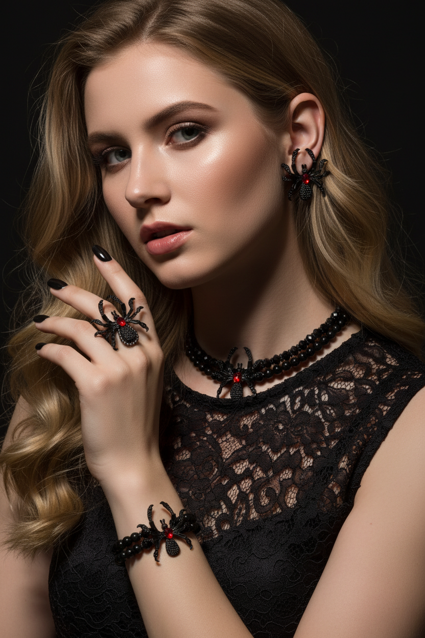 Gothic Dark Punk Spider Jewelry Set - Necklace Bracelet Ring Earrings for Women Men