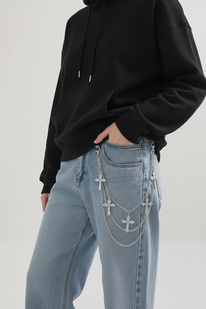 Multi-Layer Silver Cross Charm Trouser Chain Waist Chain with Lobster Clasp