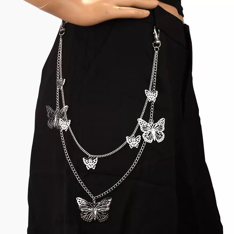 Double-Layer Silver Butterfly Charm Trouser Chain Waist Chain with Lobster Clasp