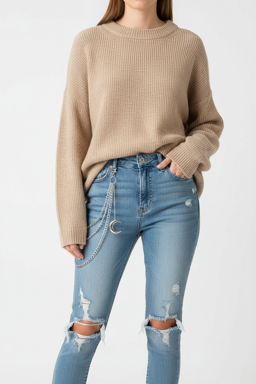 Ripped Skinny Jeans Beige Knit